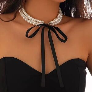 Vintage Classic White Pearl Multi Strand Black Ribbon Necklace